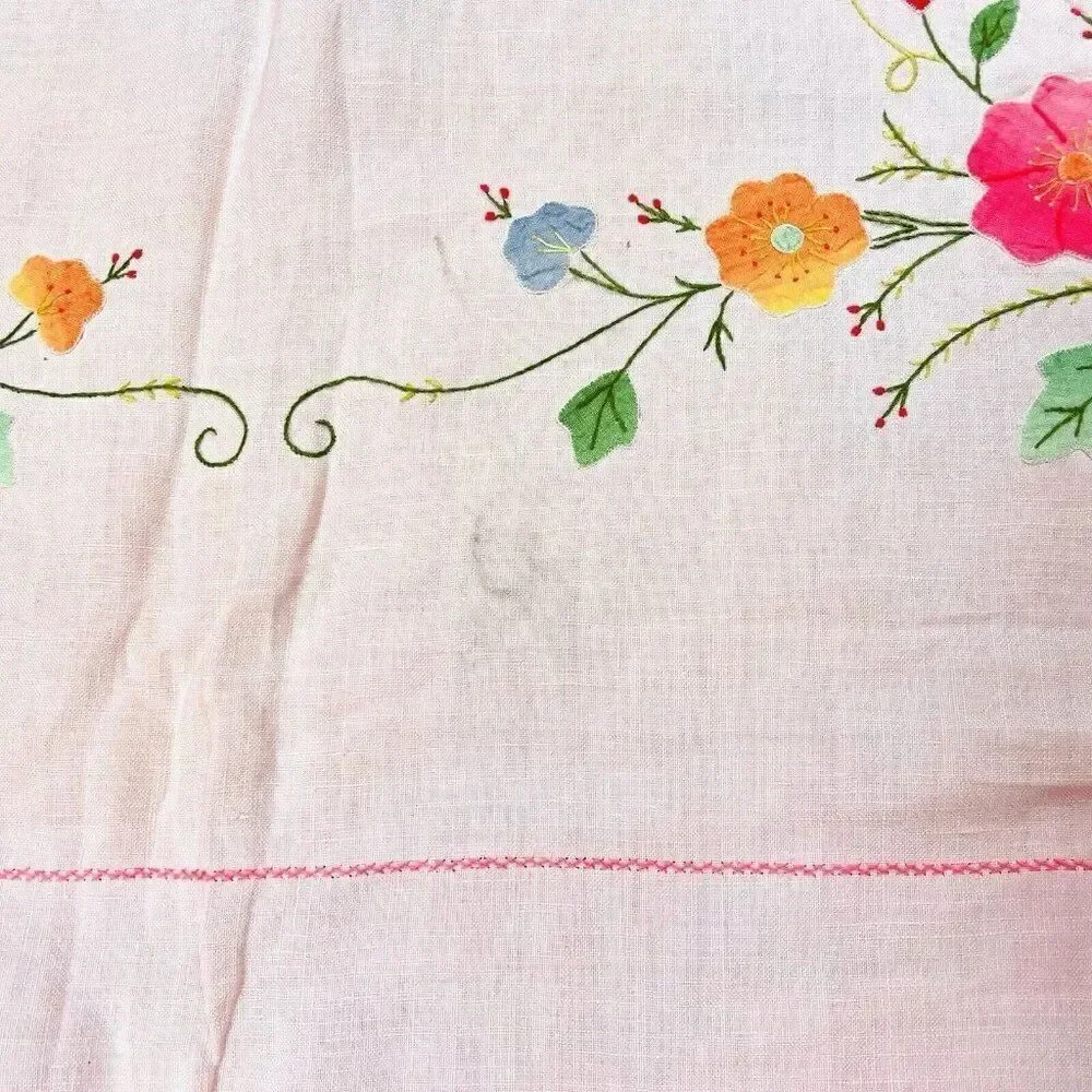 Vintage Handmade Pink Square Embroidered Floral Tablecloth 42 x 41 Appliqué Cute